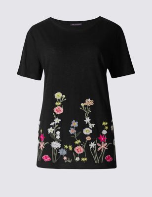 Pure Cotton Floral Embroidered T-Shirt